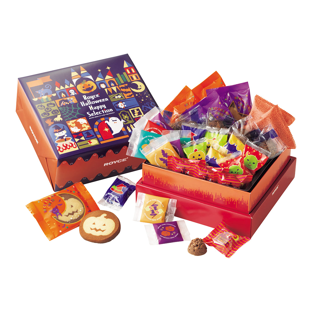 ROYCE' Halloween Happy Selection - A gift box filled with assorted packaged treats, as shown on a clean white background. The open box contains colorful individually wrapped confections.