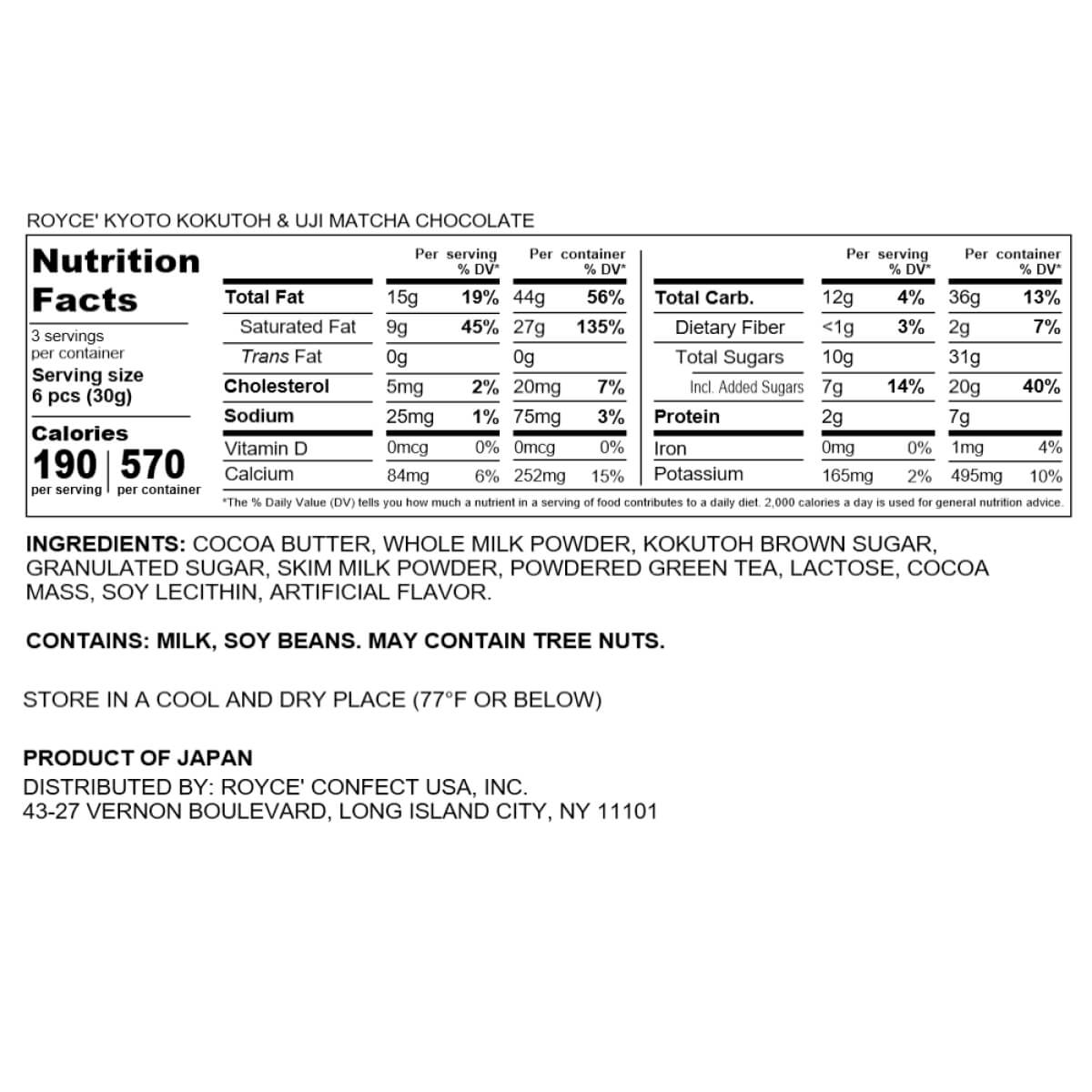 ROYCE' Kyoto Kokutoh & Uji Matcha Chocolate label showing nutrition facts, ingredients, allergens, and serving details for the chocolate with dual-layered matcha and kokutoh flavors.