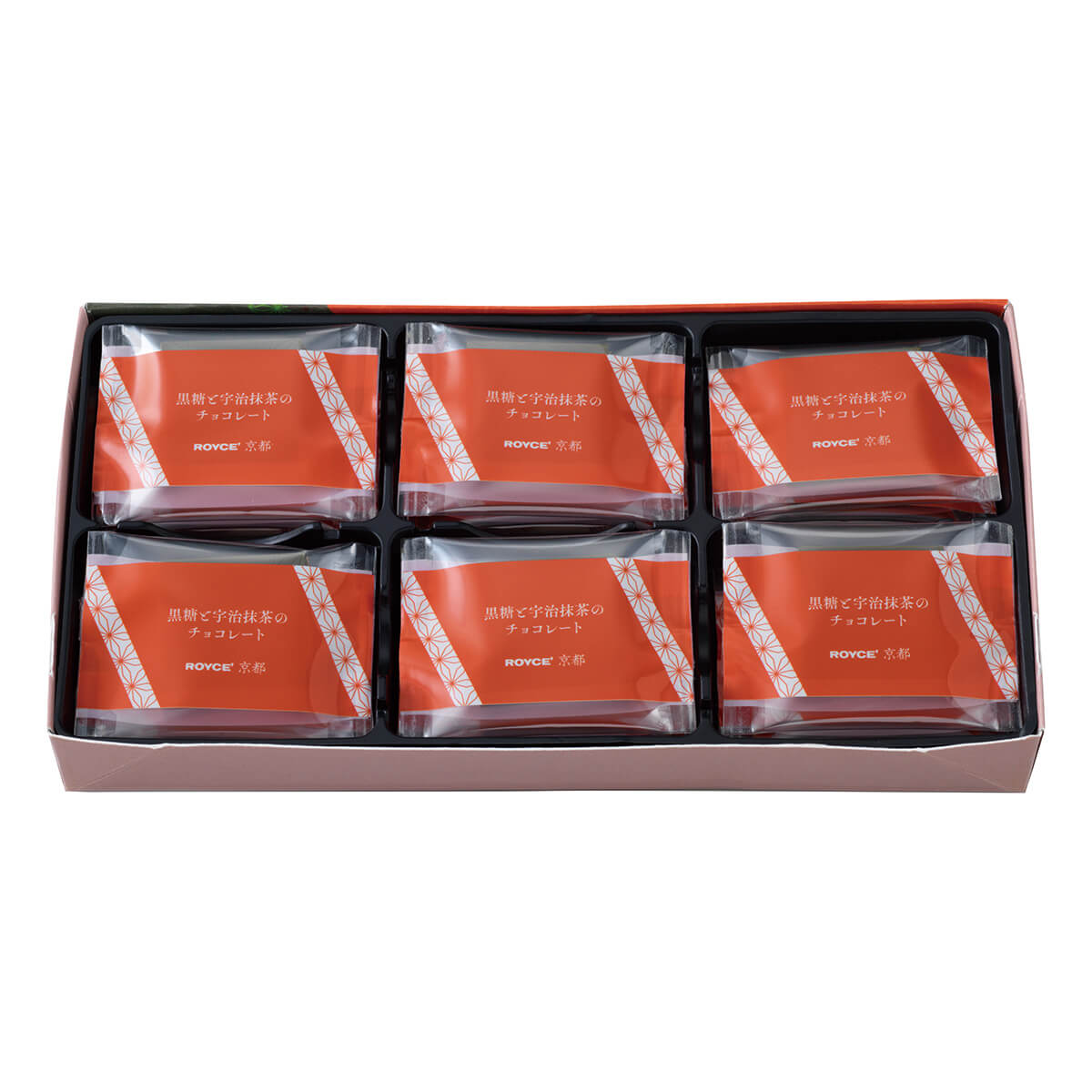 ROYCE' Kyoto Kokutoh & Uji Matcha Chocolate - Image shows an open box with individually-wrapped chocolates in red and white printed wrapping. Text says ROYCE'. 
