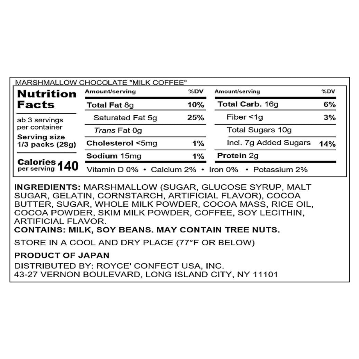 ROYCE' Chocolate - ROYCE' Luxe Collection - Marshmallow Chocolate "Milk Coffee" - Nutrition Facts