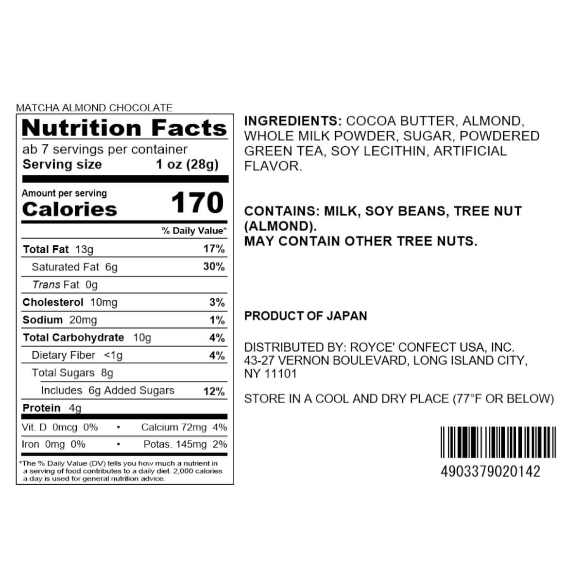 ROYCE' Chocolate - ROYCE' Matcha Collection - Matcha Almond Chocolate - Nutrition Facts