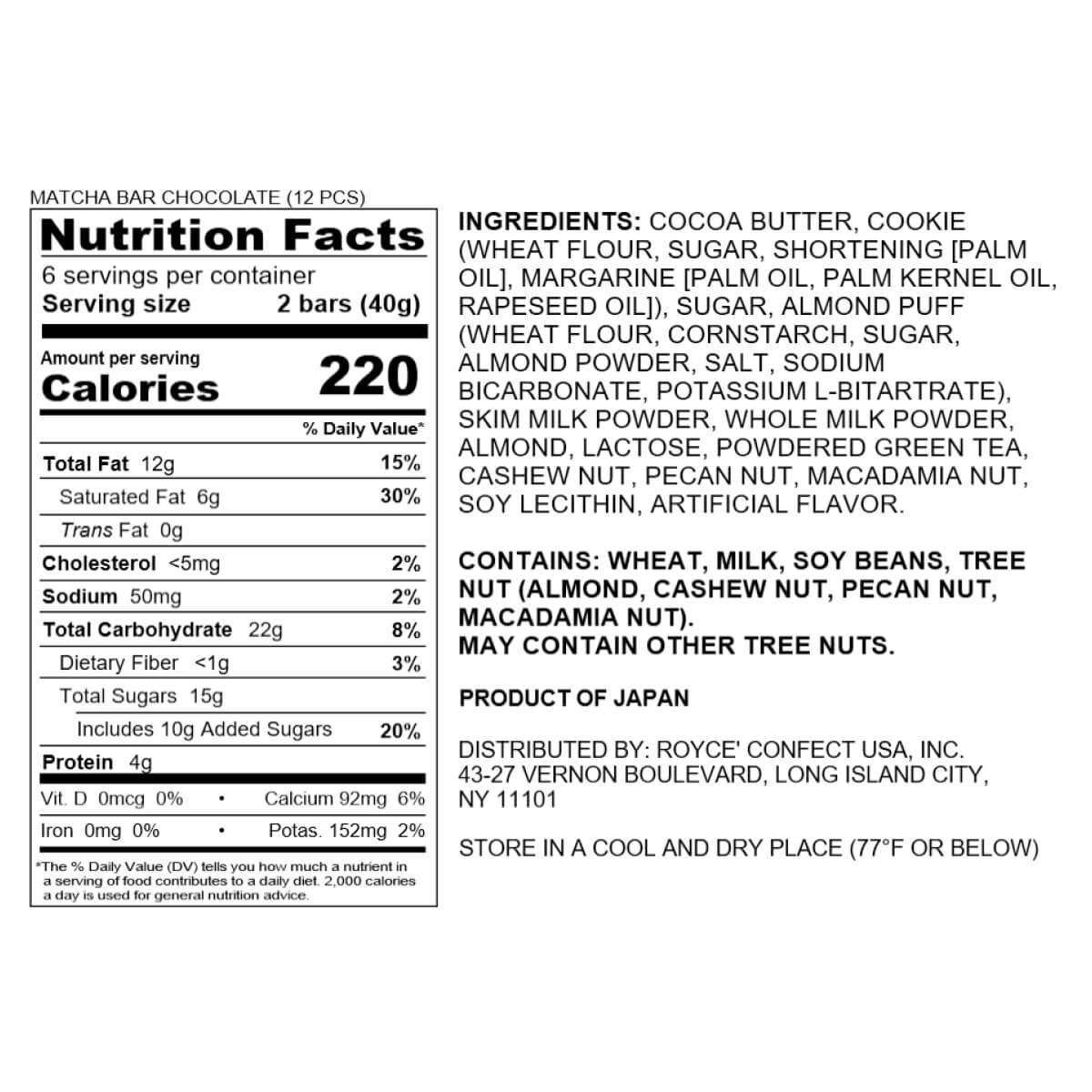 ROYCE' Chocolate - ROYCE' Bar Collection - Matcha Bar Chocolate (12 Pcs) - Nutrition Facts