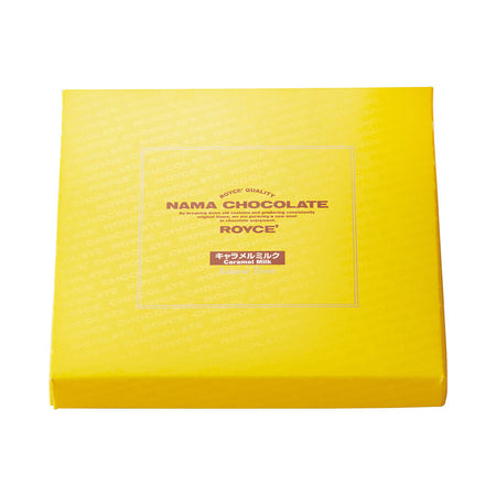 ROYCE' Chocolate - Nama Chocolate "Caramel Milk" - Image shows yellow box with brown text saying ROYCE' Quality Nama Chocolate ROYCE' Caramel Milk.