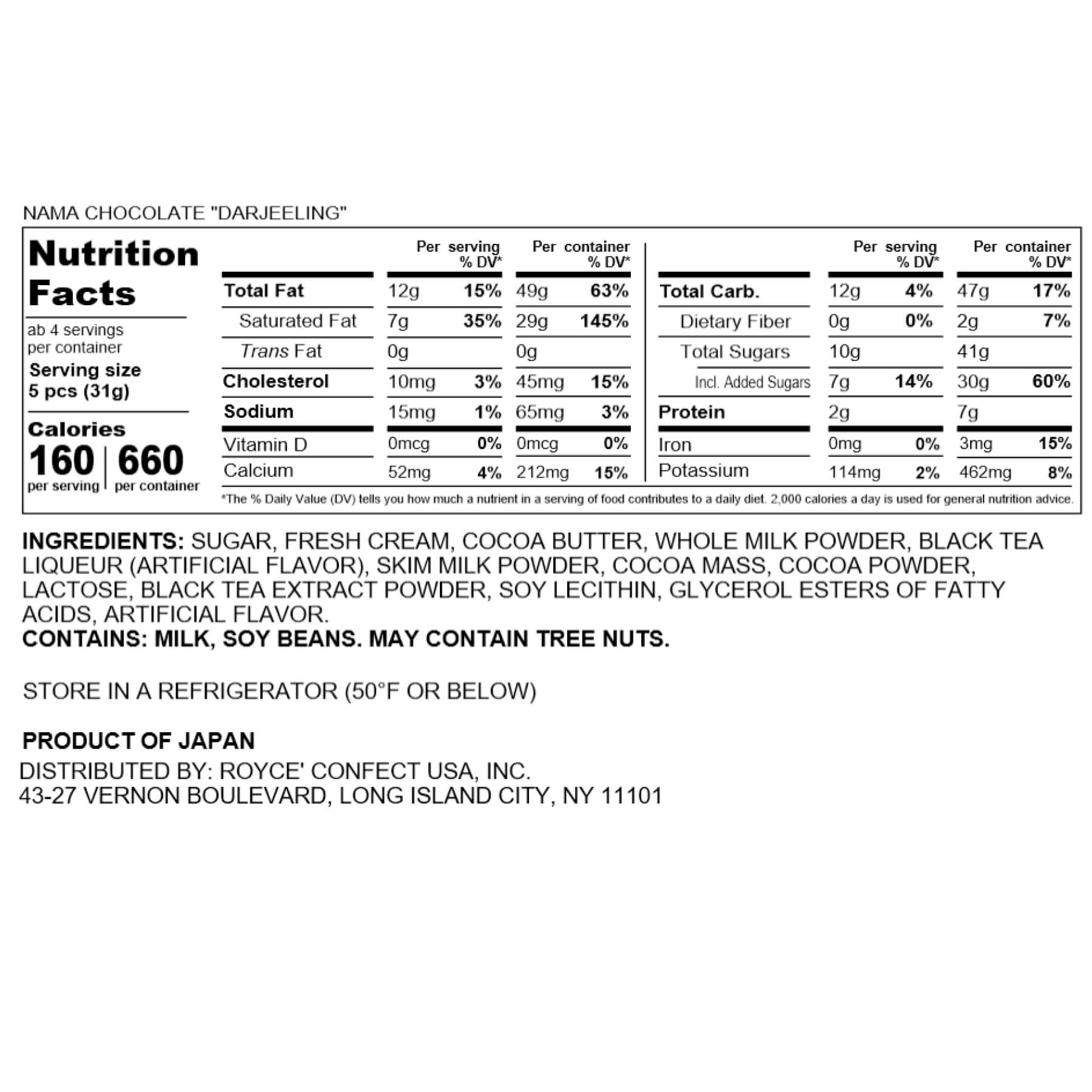 ROYCE' Chocolate - Nama Chocolate "Darjeeling" - Nutrition Facts 2023