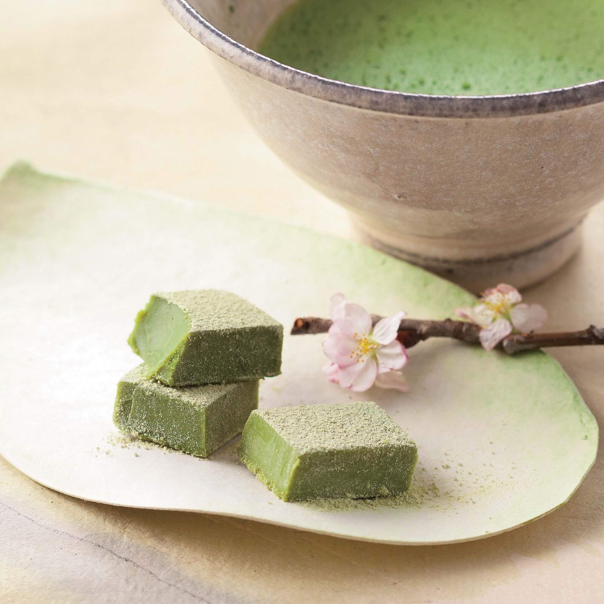ROYCE' Chocolate - Nama Chocolate "Matcha" - Image shows green blocks of chocolates on a plate. Accents include a brown stem with pink flowers and a white tea cup filled with green tea.
