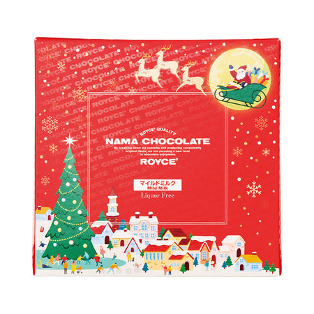 ROYCE' Chocolate - Nama Chocolate "Mild Milk" (Christmas) - Image shows a printed red box with illustrations of stars, snowflakes, houses, a tree, and Santa Claus on a sleigh with reindeers. Text says ROYCE' Quality Nama Chocolate ROYCE' Mild Milk Liquor Free.