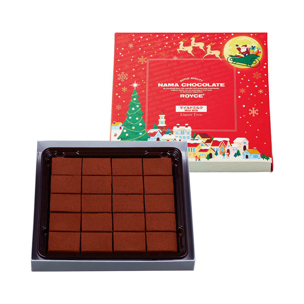 ROYCE' Chocolate - Nama Chocolate "Mild Milk" (Christmas) - Image shows a printed red box (top right) with illustrations of stars, snowflakes, houses, a tree, and Santa Claus on a sleigh with reindeers. Text says ROYCE' Quality Nama Chocolate ROYCE' Mild Milk Liquor Free. There is also a box (lower left) that has a tray filled with brown chocolate blocks.
