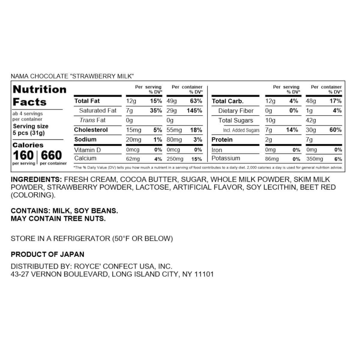 ROYCE' Chocolate - Nama Chocolate "Strawberry Milk" - Nutrition Facts 2025