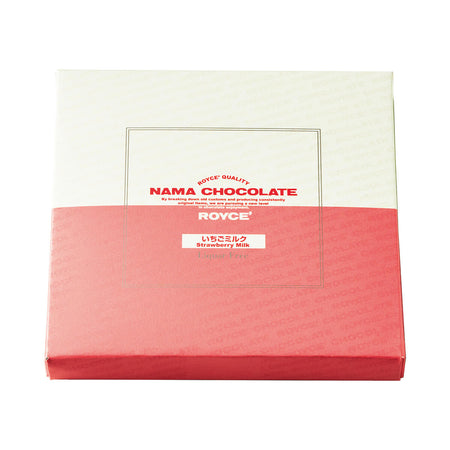 ROYCE' Chocolate - Nama Chocolate "Strawberry Milk" -  Image shows a box in white and pink. Text says ROYCE' Quality Nama Chocolate. By breaking down old customs and producing consistently original items, we are pursuing a new level in chocolate enjoyment. ROYCE'. Strawberry Milk. Liquor Free. Background is in white.