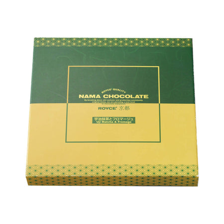 ROYCE' Kyoto Nama Chocolate "Uji Matcha & Fromage" - Image shows a printed box in green and yellow with illustrations. Text says ROYCE' Quality. Nama Chocolate. By breaking down old customs and producing consistently original items, we are pursuing a new level in chocolate enjoyment. ROYCE'. Uji Matcha & Fromage.
