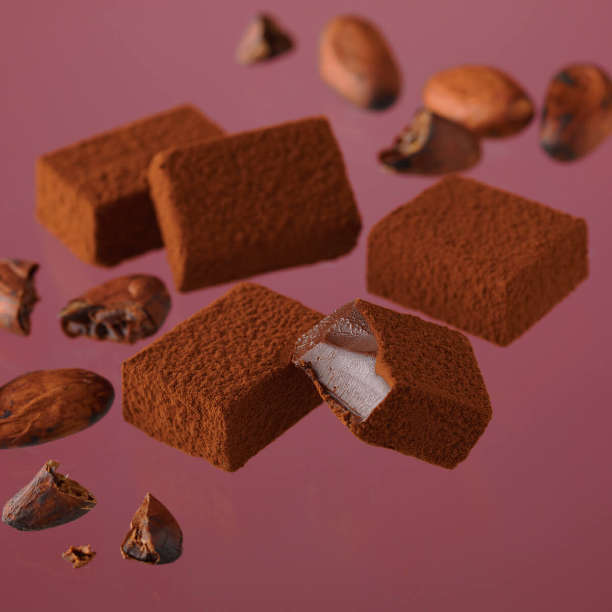 ROYCE' Chocolate - Image shows brown chocolate blocks with accents of loose cacao beans and a red violet background.