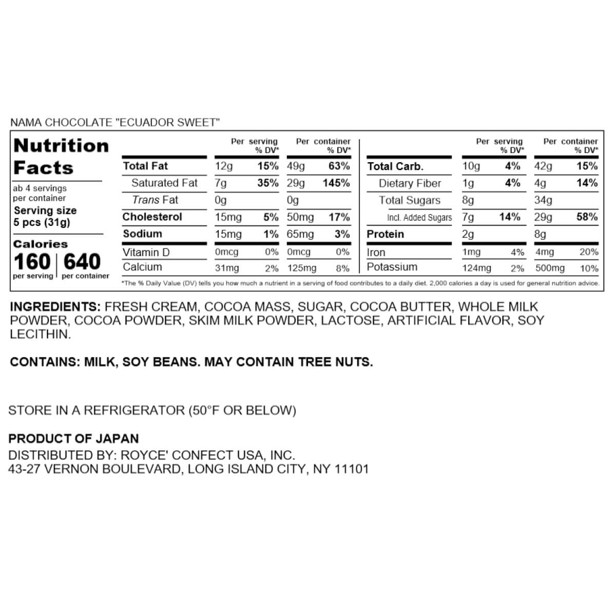 ROYCE' Chocolate - Nama Chocolate "Ecuador Sweet" Nutrition Facts.