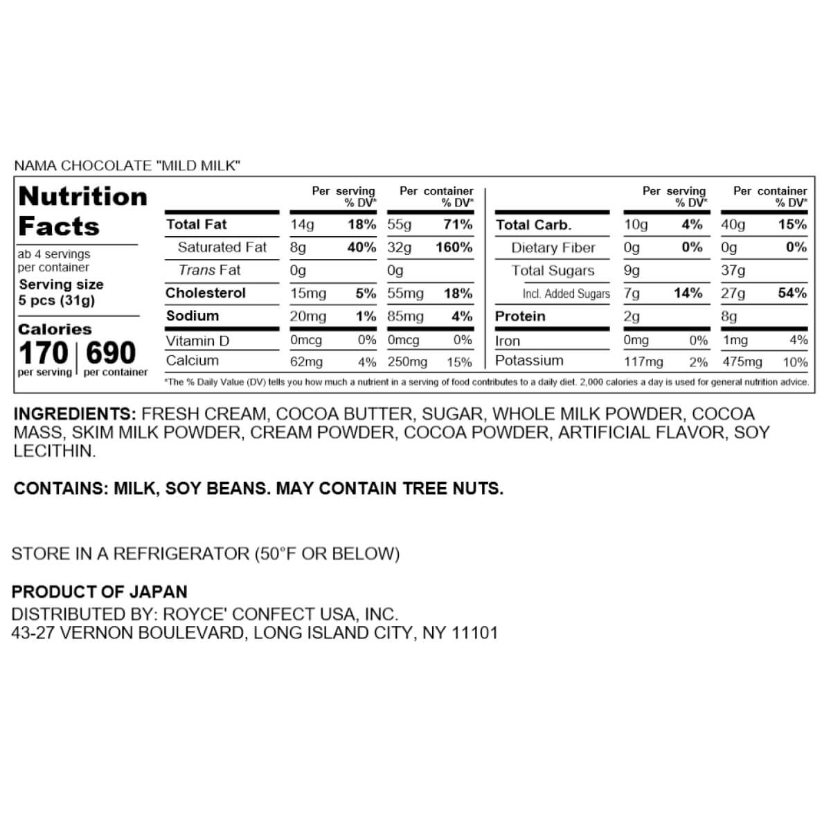 ROYCE' Chocolate - Nama Chocolate "Mild Milk" Nutrition Facts.