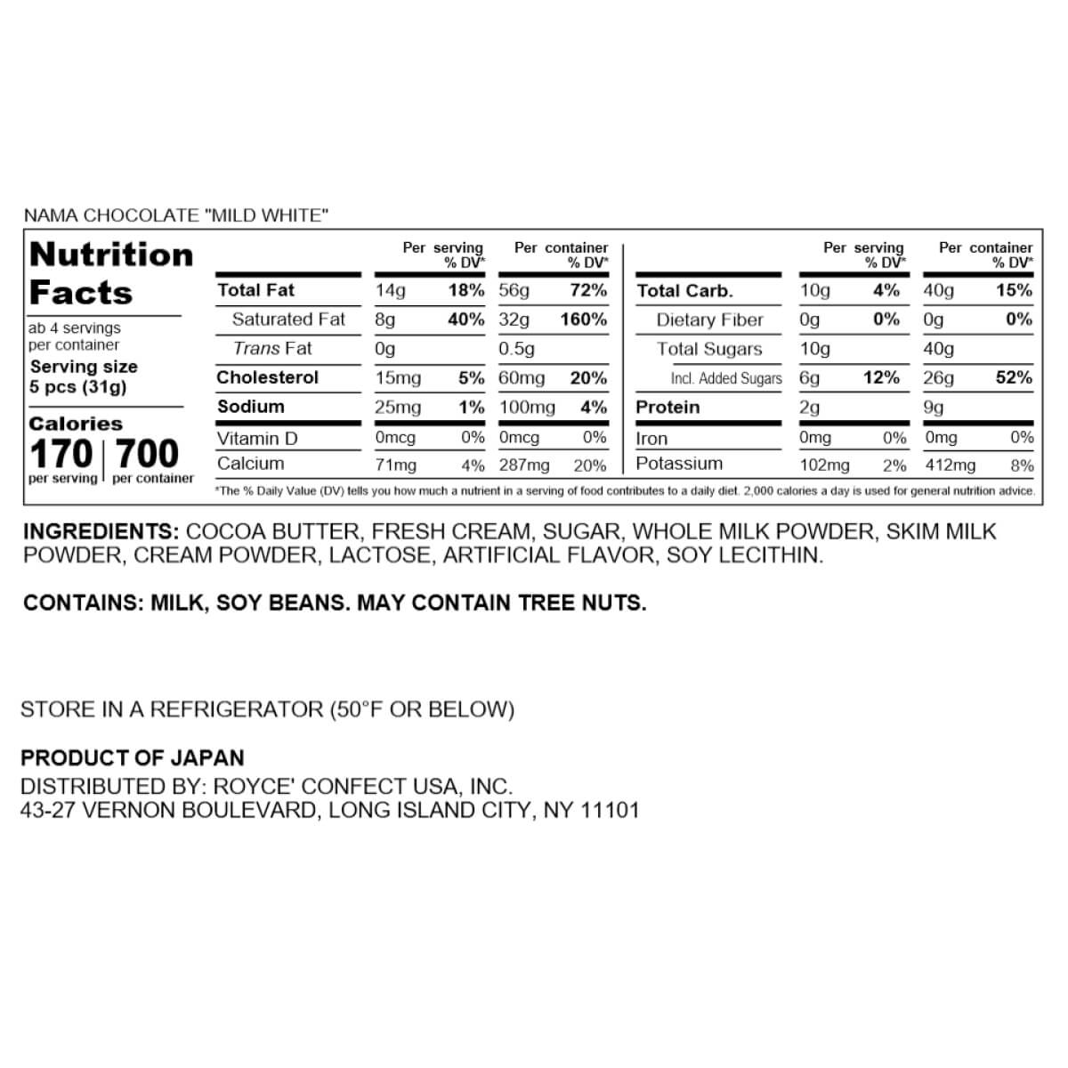 ROYCE' Chocolate - ROYCE' Prestige Nama Chocolate Collection - Nama Chocolate "Mild White" - Nutrition Facts