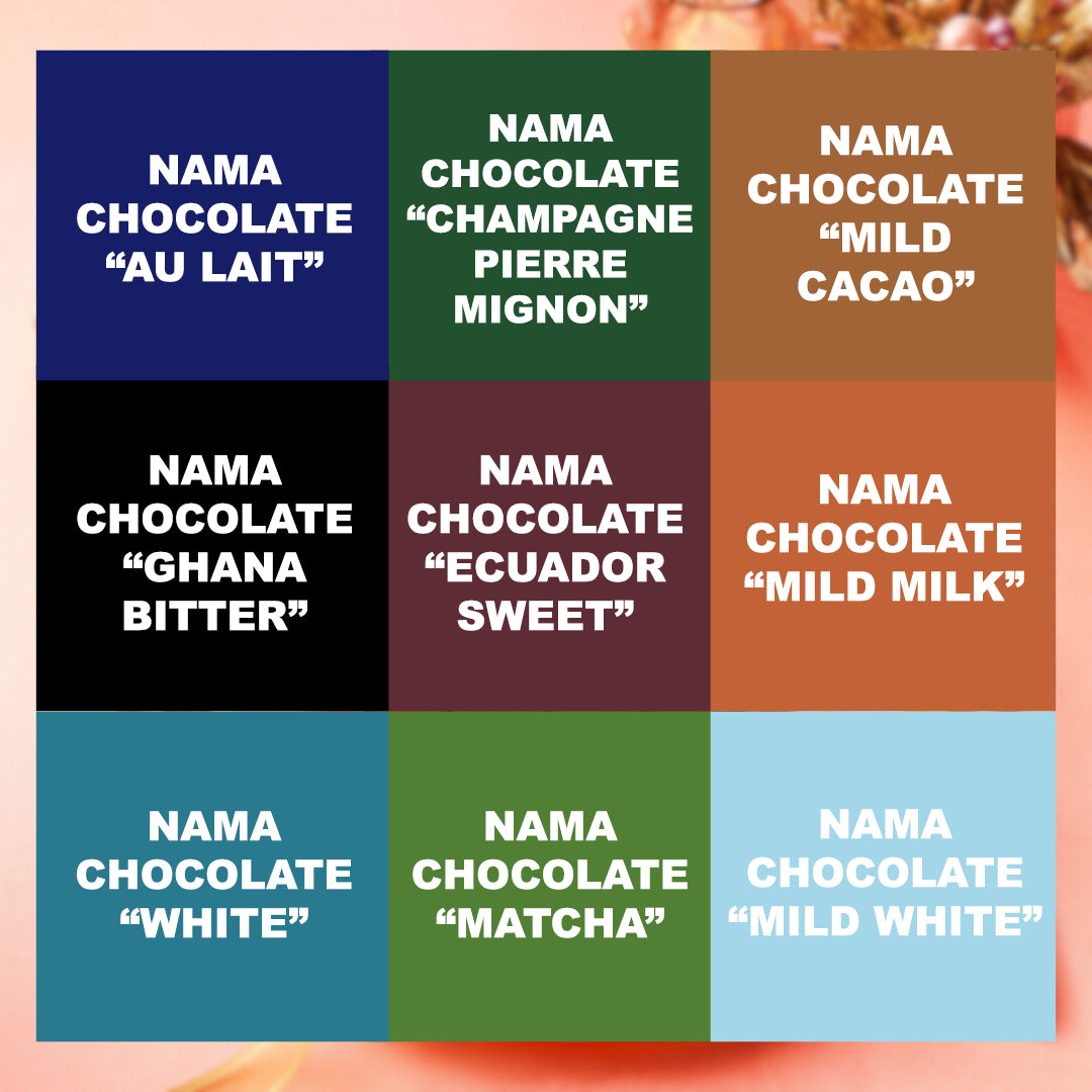ROYCE' Prestige Nama Chocolate Collection with 9 unique flavors, each variety displayed on its own background, showcasing a luxurious selection of liquor-infused and liquor-free chocolates.