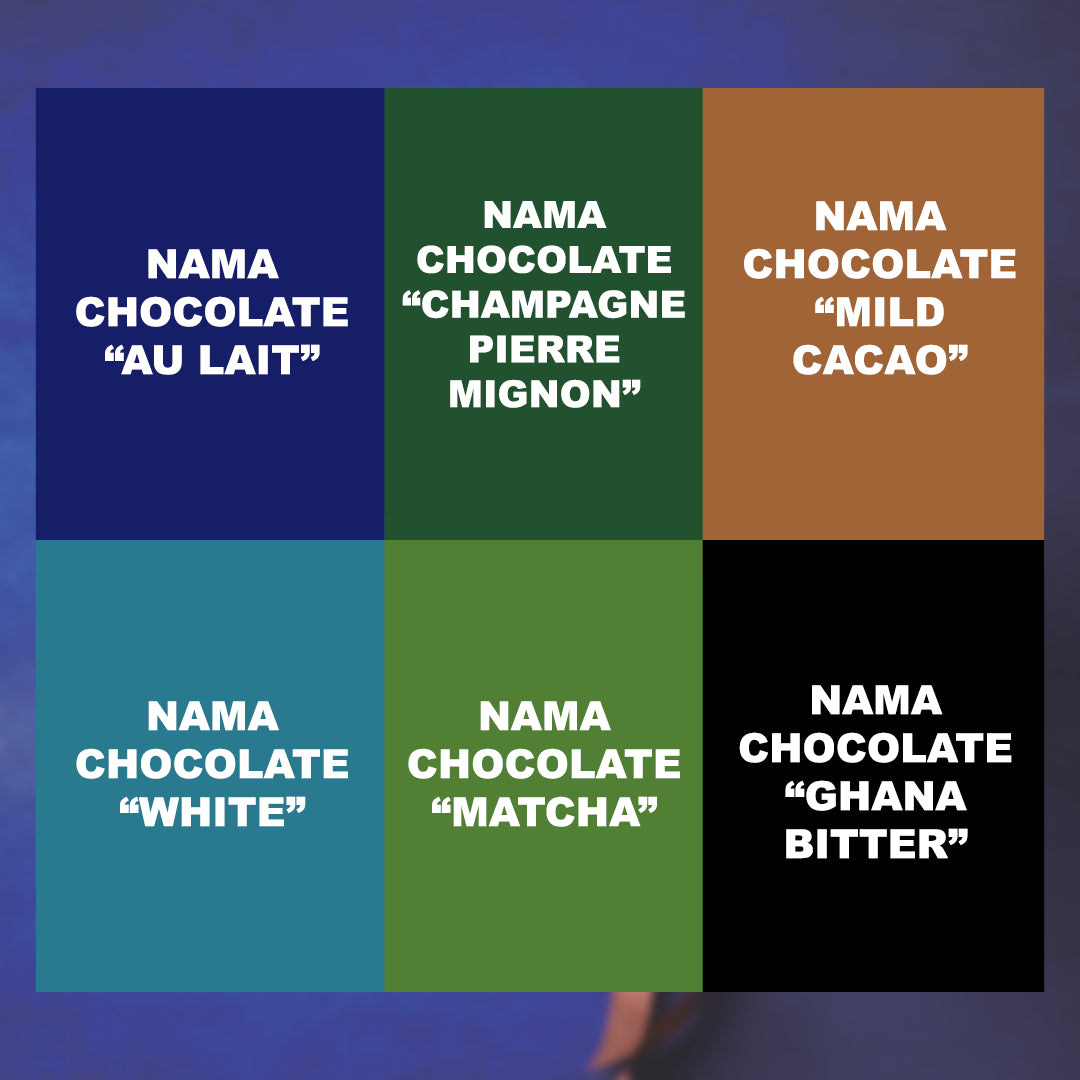 ROYCE' Signature Nama Chocolate Collection graphic showing six varieties: Au Lait, Champagne, Mild Cacao, White, Matcha, and Ghana Bitter, each in separate solid color panels.