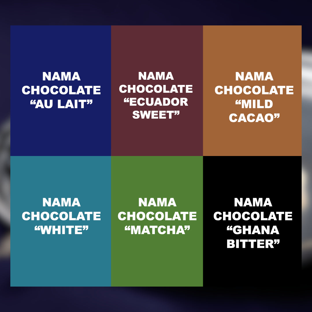 ROYCE' Signature Nama Chocolate Collection graphic showing six varieties: Au Lait, Ecuador Sweet, Mild Cacao, White, Matcha, and Ghana Bitter, each in separate solid color panels.