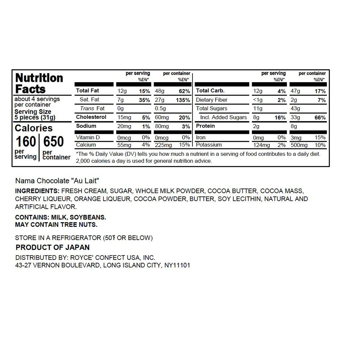 ROYCE' Chocolate - ROYCE' Premium Nama Chocolate Collection - Nama Chocolate "Au Lait" - Nutrition Facts