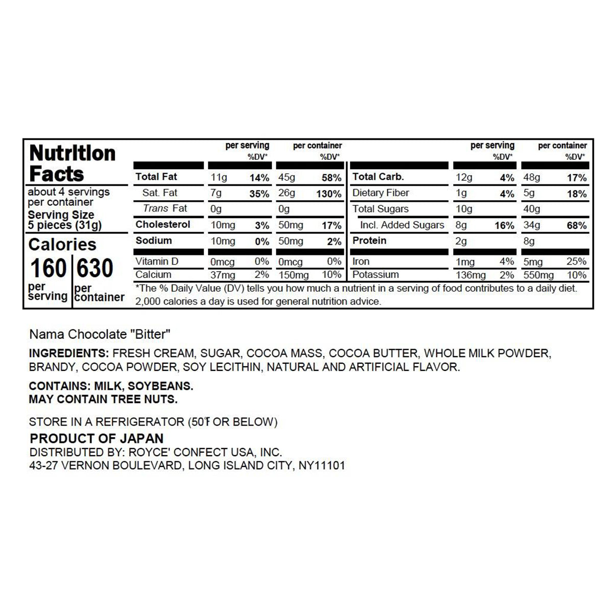 ROYCE' Chocolate - ROYCE' Prestige Nama Chocolate Collection - Nama Chocolate "Bitter" - Nutrition Facts
