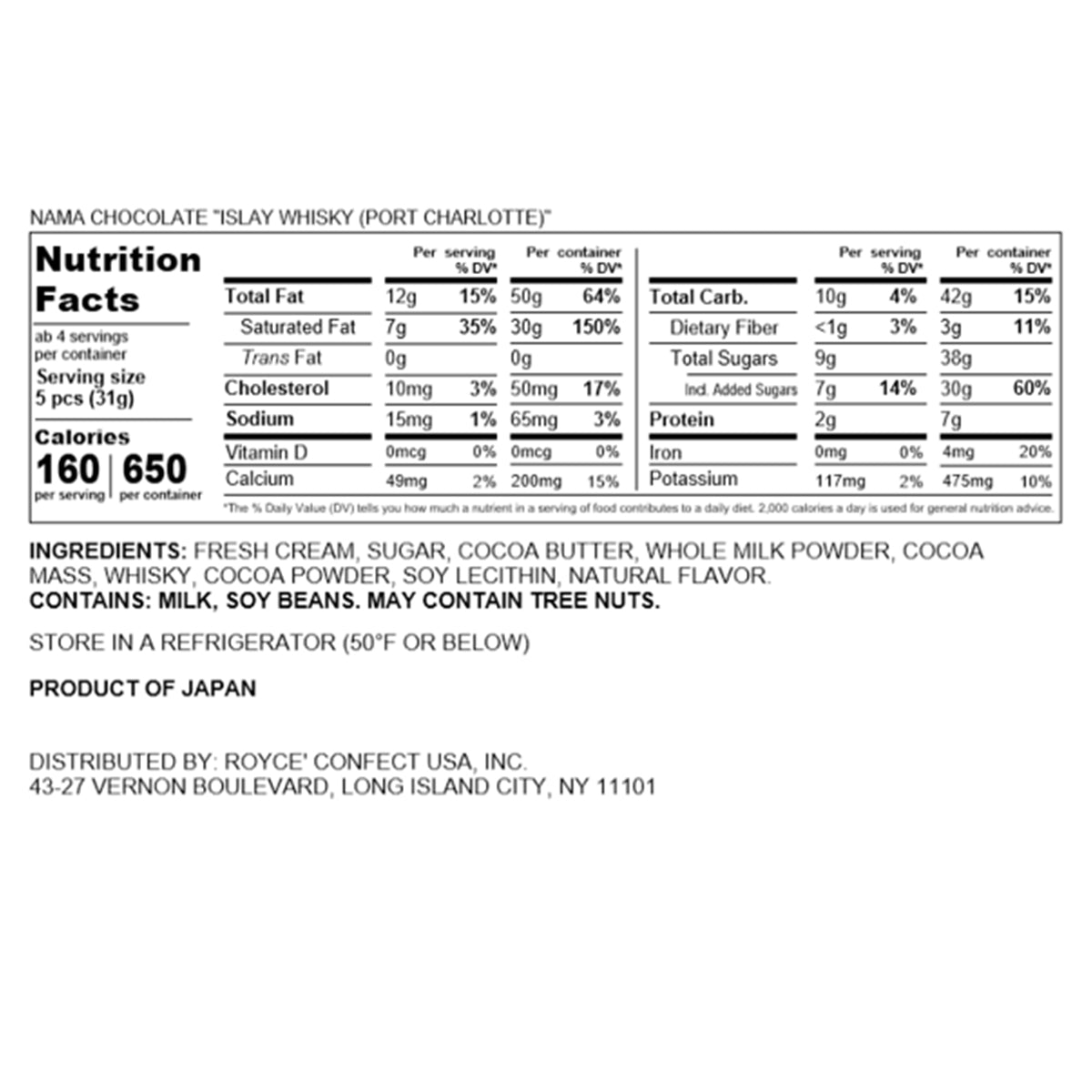ROYCE' Chocolate - ROYCE' Premium Nama Chocolate Collection - Nama Chocolate "Islay Whisky (Port Charlotte)" - Nutrition Facts