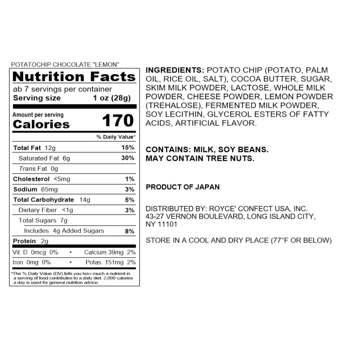 Potatochip Chocolate Lemon package back, showing nutrition facts, ingredients, allergen info, and storage instructions. Crinkle-cut chips with lemon-flavored white chocolate, cheese, and yogurt.