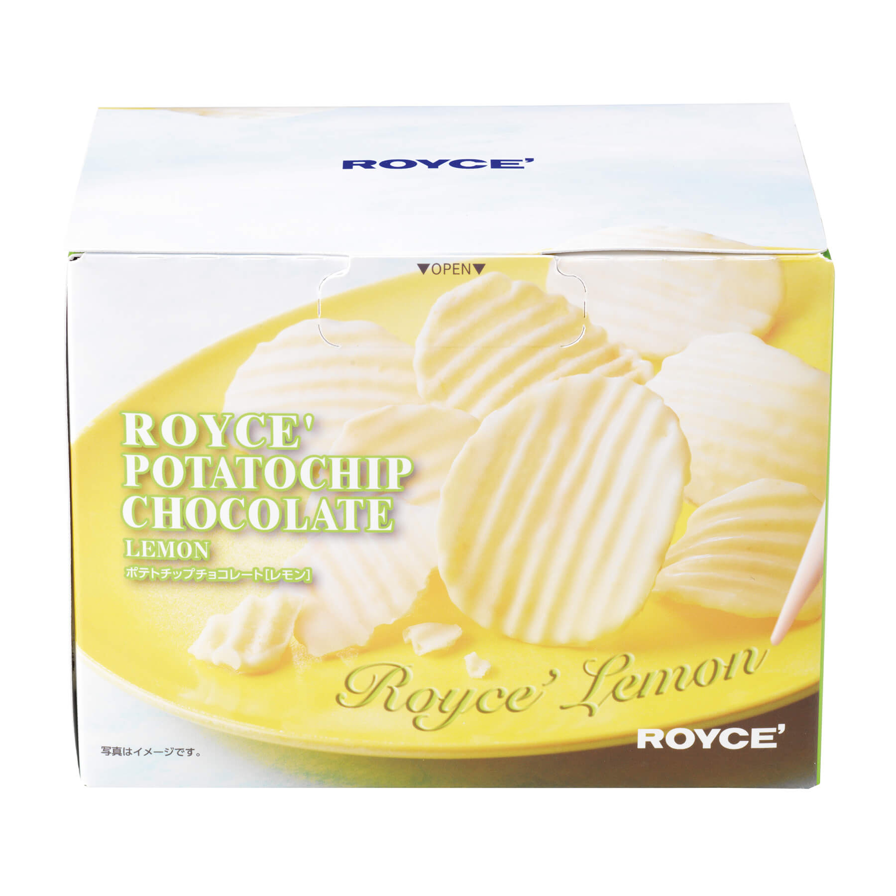 ROYCE' Chocolate - Potatochip Chocolate "Lemon" - Image shows a box in yellow and white with a picture of potato chips on a yellow plate. Text says (from top) ROYCE'. ROYCE' Potatochip Chocolate Lemon. ROYCE' Lemon. ROYCE'. Background is in white.