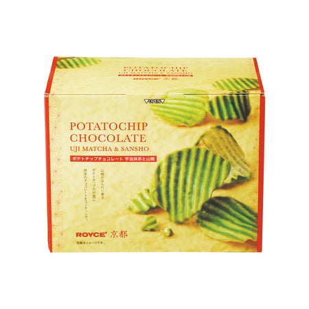 ROYCE' Kyoto Potatochip Chocolate "Uji Matcha & Sansho" - Image shows a yellow printed box with a picture of chocolate-coated potato chips. Text says Potatochip Chocolate "Uji Matcha & Sansho" ROYCE'.