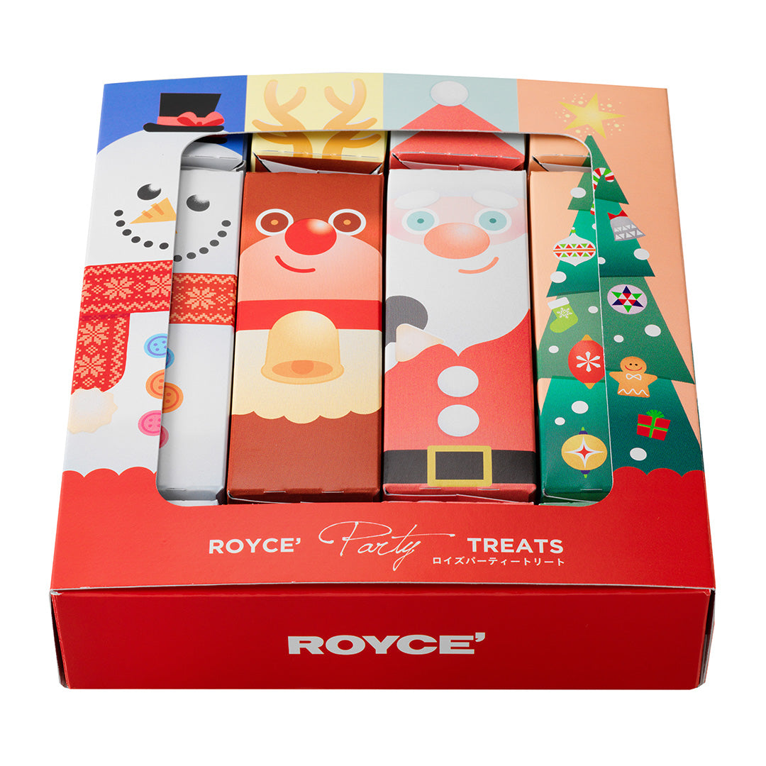 ROYCE' Party Treats boxed set with five holiday-themed boxes; includes assorted chocolates and a fun party game inspired by UK Christmas Crackers.