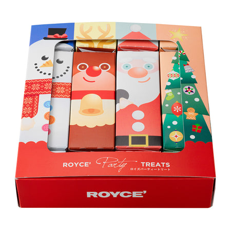 ROYCE' Chocolate - ROYCE' Party Treats - Image shows a printed box with printed cylinders inside. Text says ROYCE' Party Treats ROYCE'.