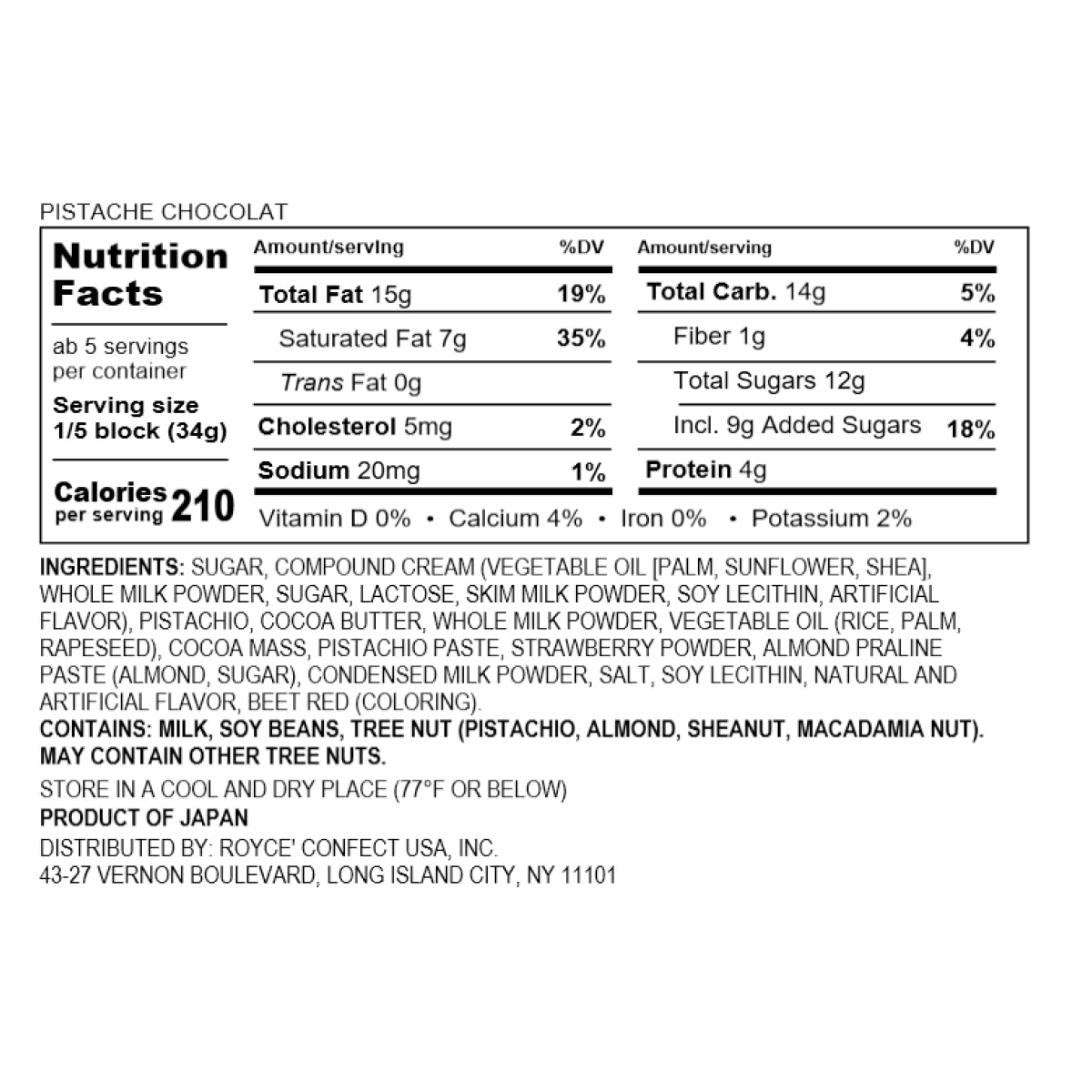 Pistache Chocolat wrapper showing nutrition facts, ingredients, allergen info, storage instructions, and product details. Exclusively in-store at select boutiques.