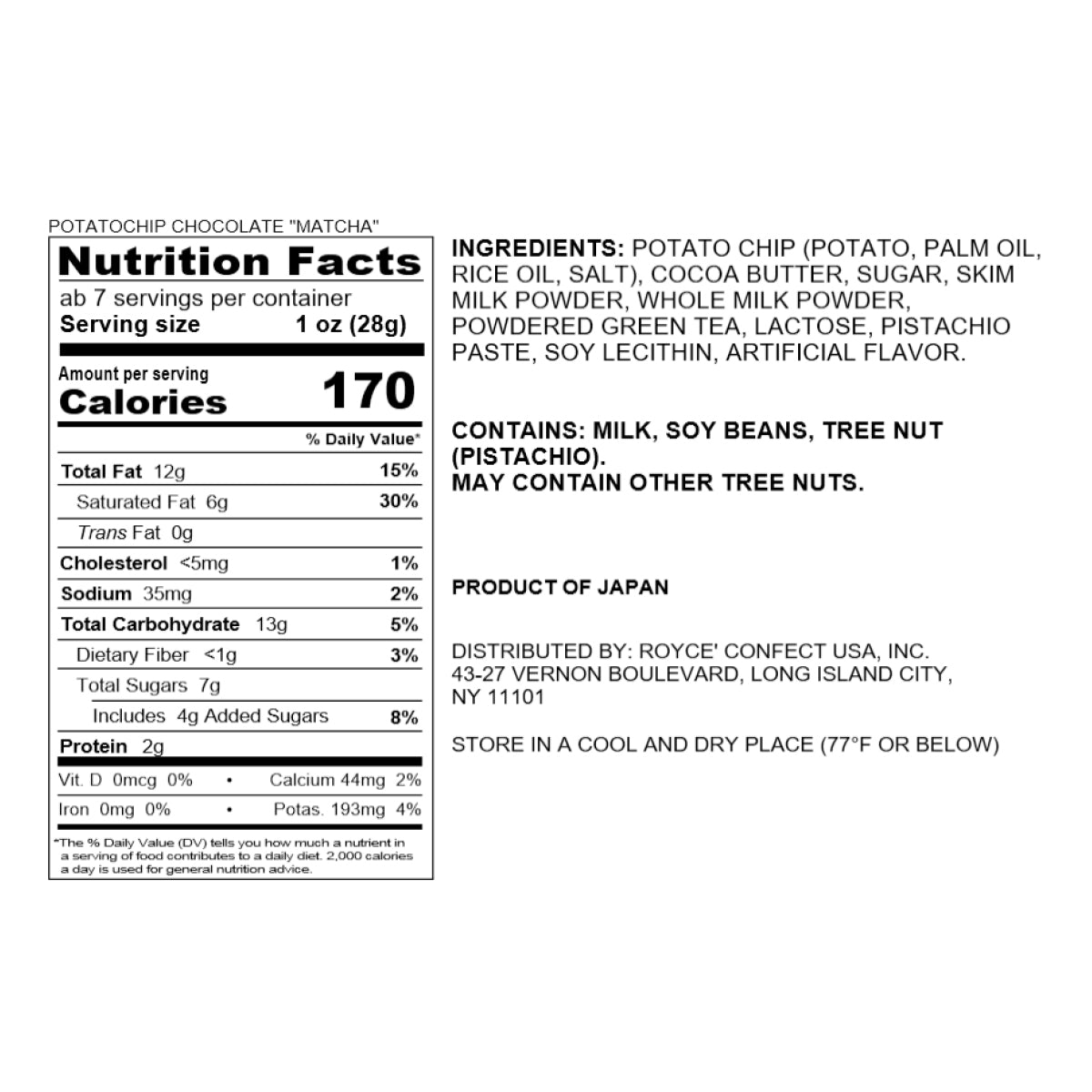 ROYCE' Chocolate - Potatochip Chocolate "Matcha" - Nutrition Facts 2026