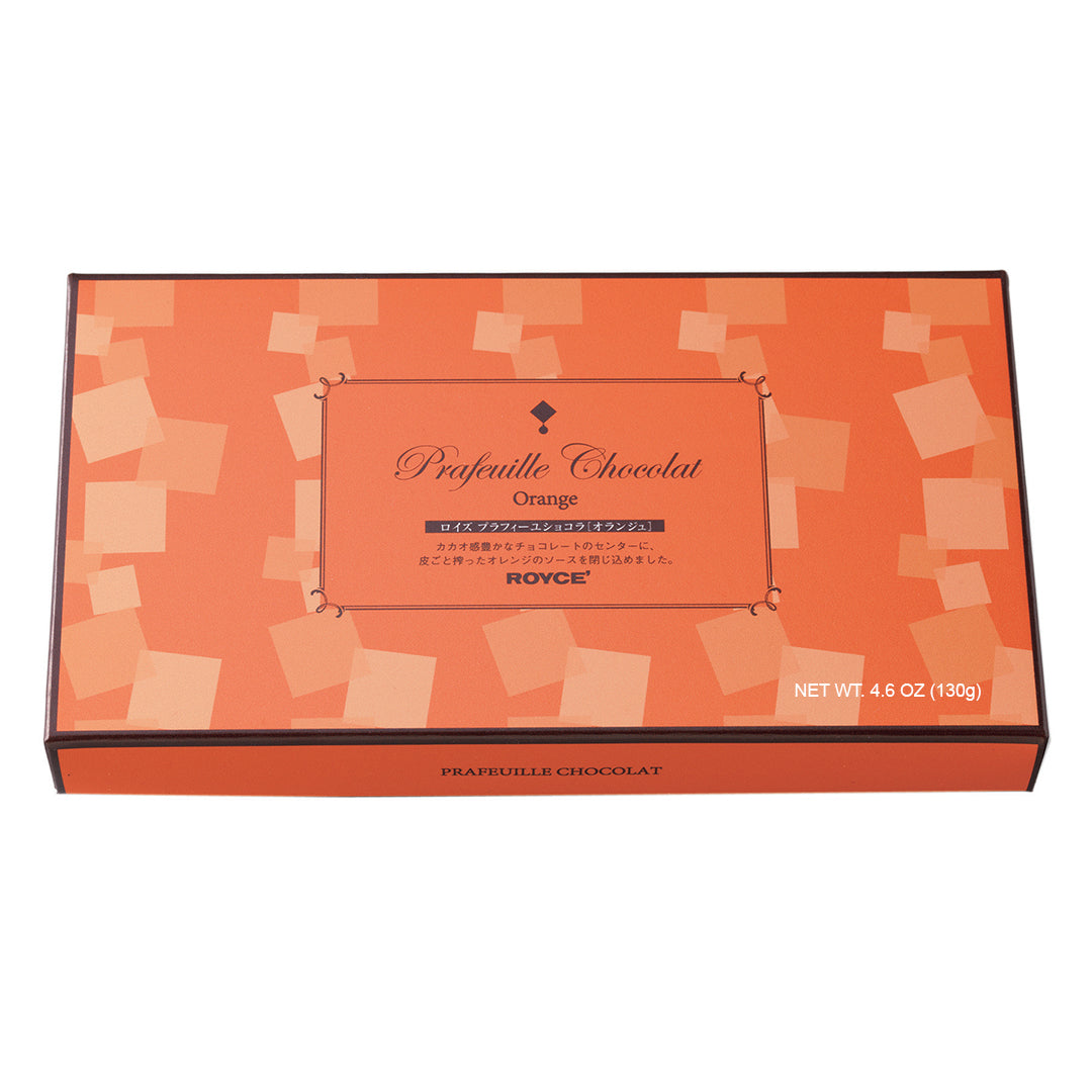Prafuille Chocolat Orange gift box with 30 milk chocolate squares filled with zesty orange sauce, offering a citrus-chocolate indulgence.