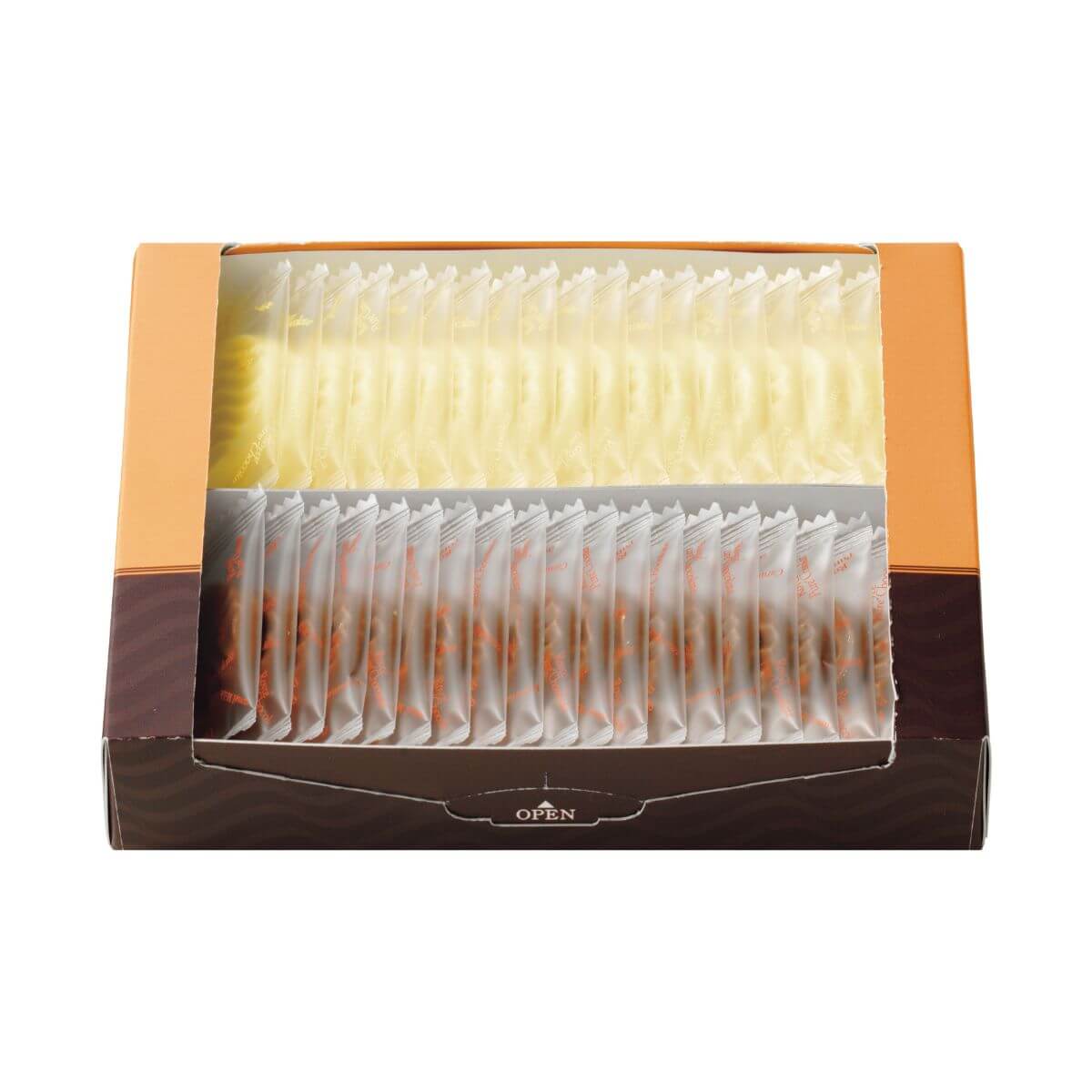 ROYCE' Chocolate - Pure Chocolate "Caramel Milk & Creamy White" - Image shows a box in yellow and brown filled with individually wrapped white chocolates on top and brown chocolates on bottom.