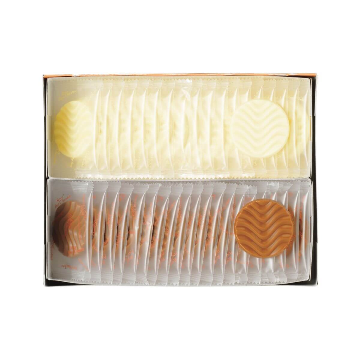 ROYCE' Chocolate - Pure Chocolate "Caramel Milk & Creamy White" - Image shows a box filled with individually wrapped white chocolates on top and brown chocolates on bottom.
