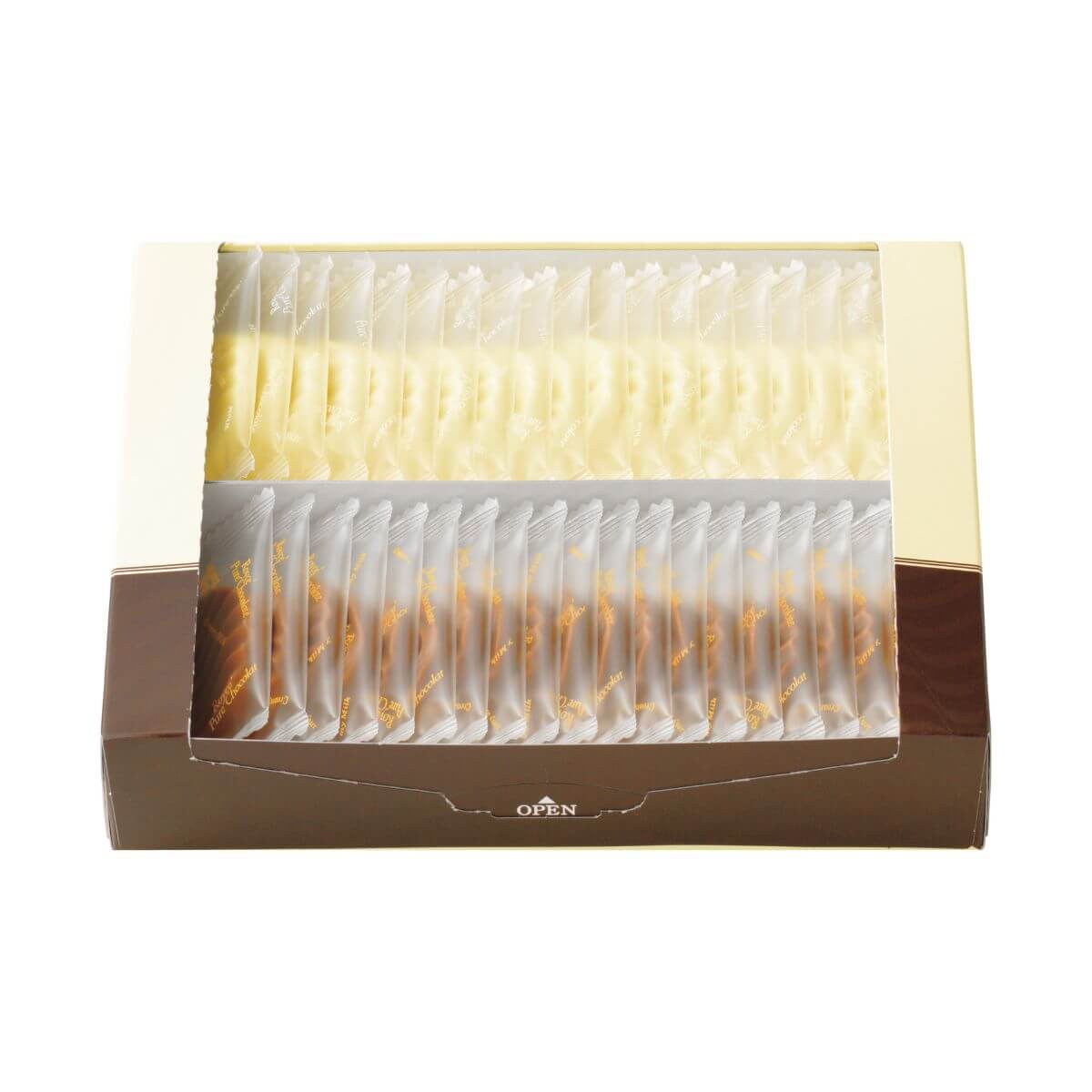 ROYCE' Chocolate - Pure Chocolate "Creamy Milk & White" - Image shows a box in white and brown filled with individually-wrapped white chocolates on top and brown chocolates on the bottom.