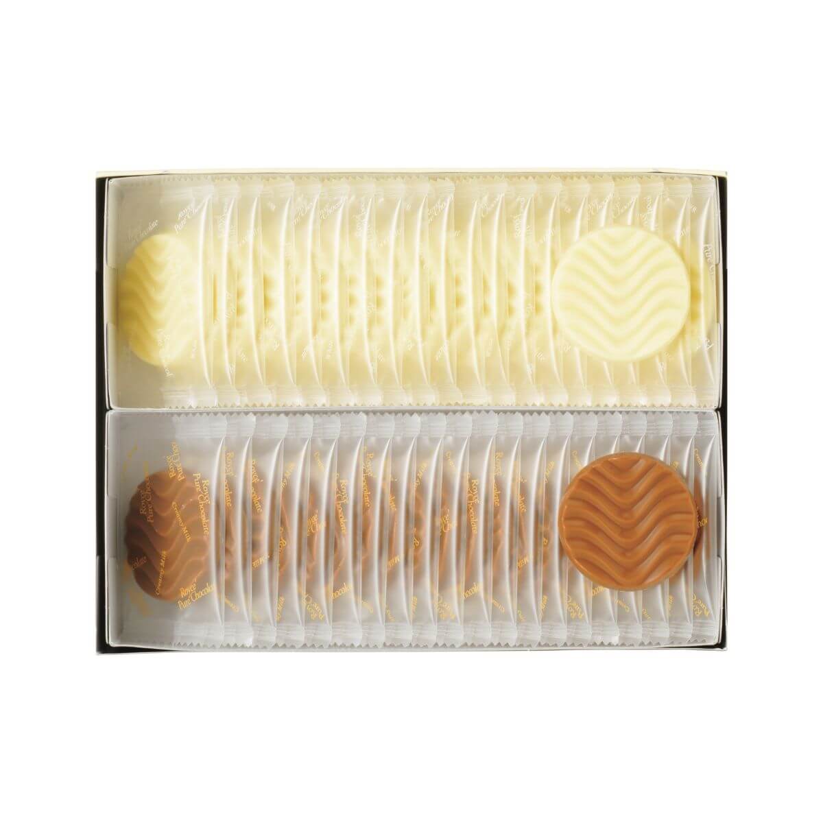 ROYCE' Chocolate - Pure Chocolate "Creamy Milk & White" - Image shows a box filled with individually-wrapped white chocolates on top and brown chocolates on the bottom.