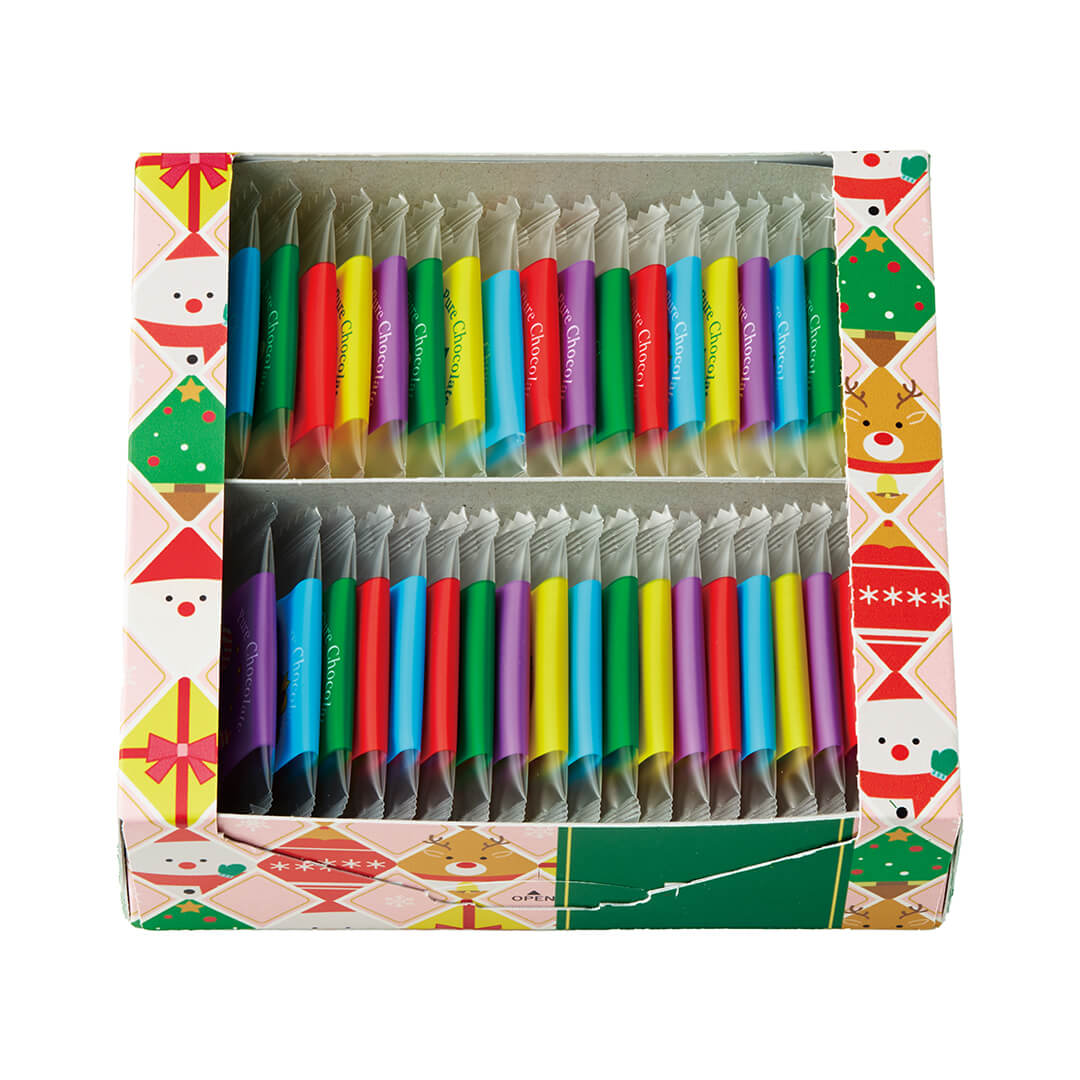 ROYCE' Chocolate - Pure Chocolate Christmas - Image shows an open, printed box with individually-wrapped chocolates inside in different colors.