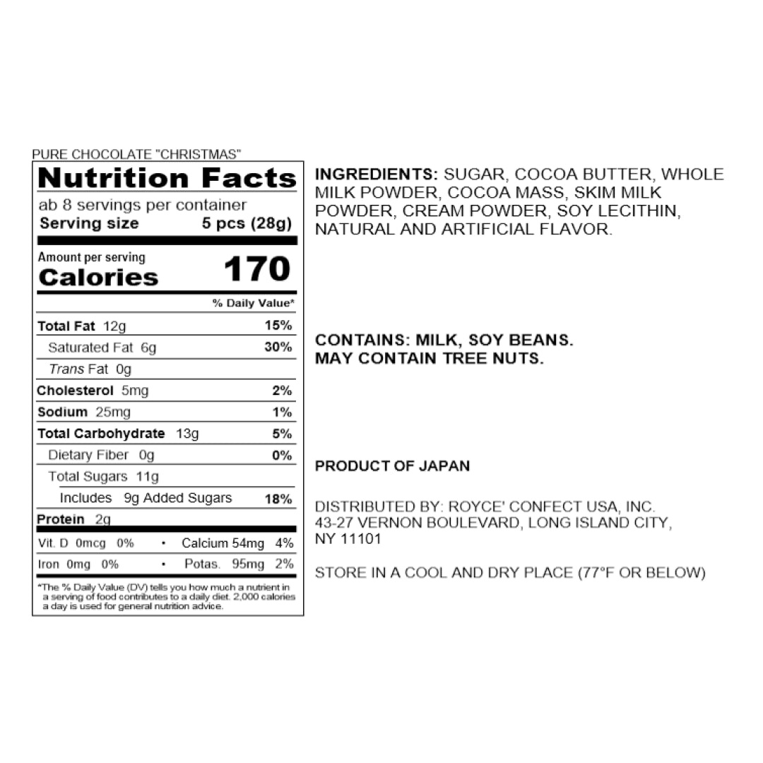 Nutrition Facts label for Pure Chocolate Christmas, showing calorie content, ingredients, allergens, and storage instructions. Features holiday-themed chocolate discs, exclusively in select US boutiques.