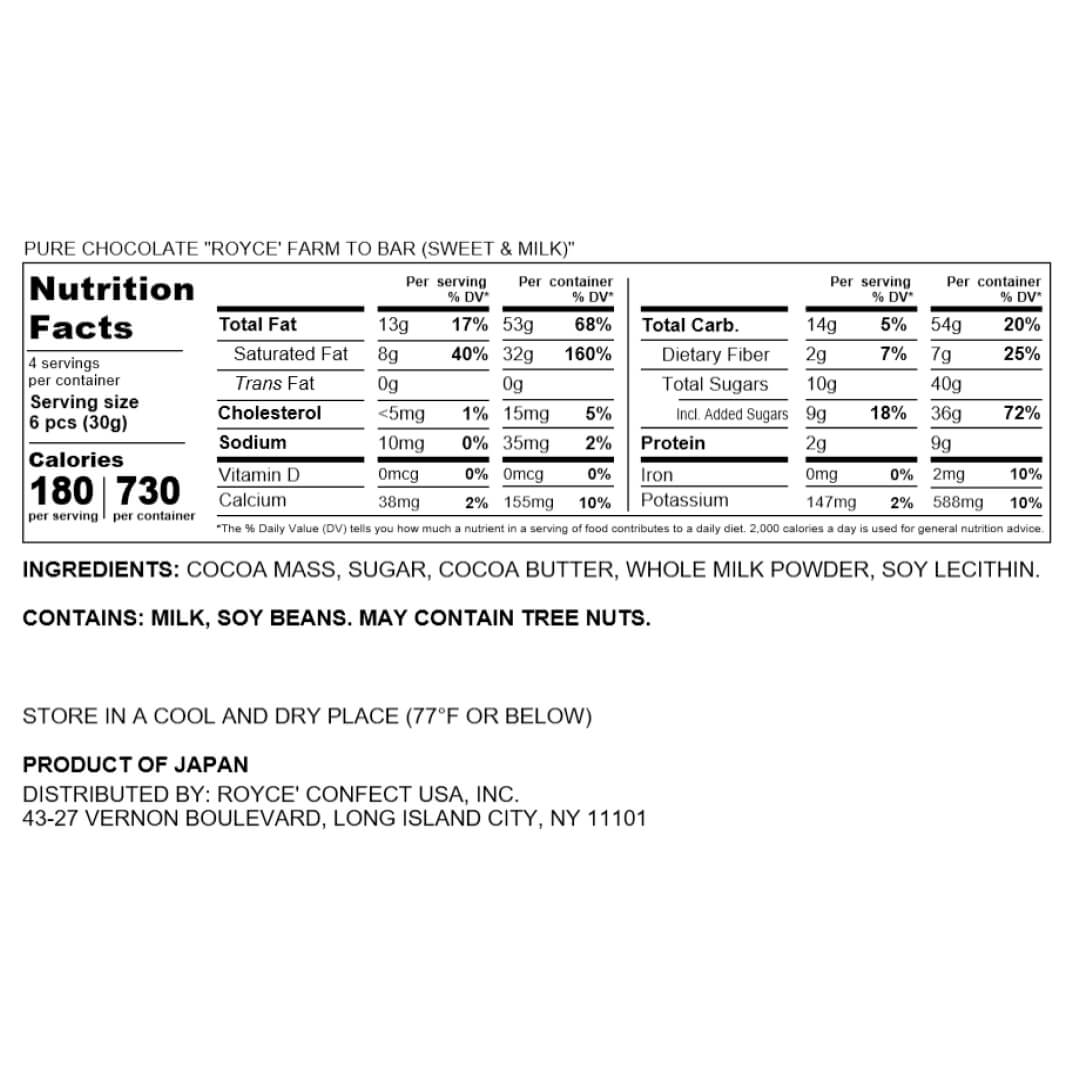 ROYCE' Chocolate - Pure Chocolate "ROYCE' Farm to Bar (Sweet & Milk)" - Nutrition Facts