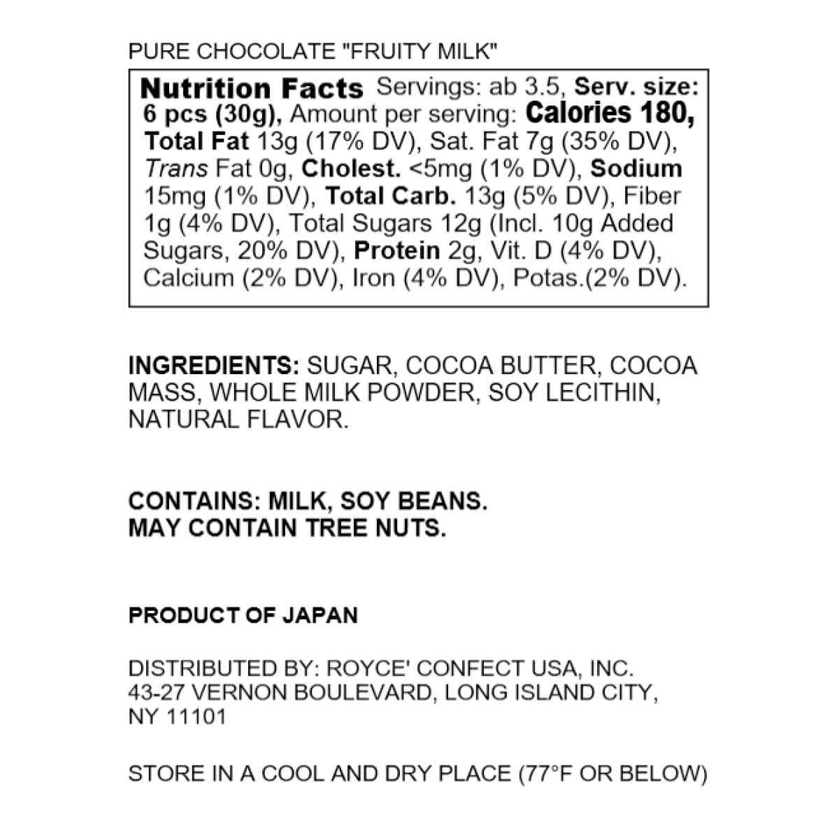 ROYCE' Chocolate - Pure Chocolate "Fruity Milk" - Nutrition Facts