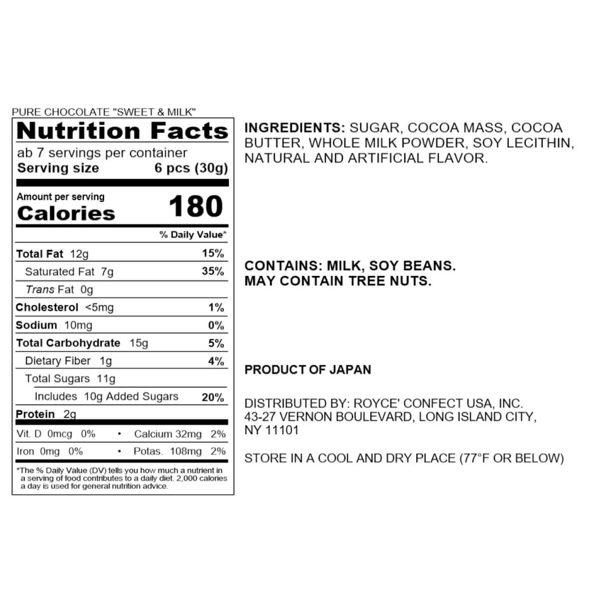 ROYCE' Chocolate - ROYCE' Luxe Collection Pure Chocolate "Sweet & Milk" - Nutrition Facts