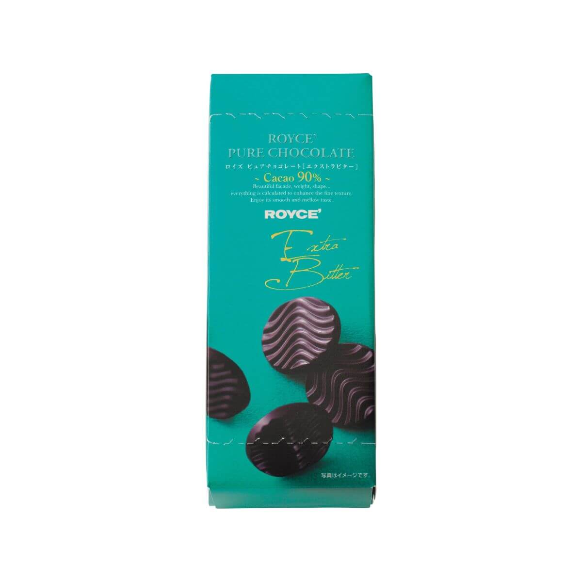 ROYCE' Chocolate - Pure Chocolate "Extra Bitter" - Image shows a blue-green box with pictures of dark chocolate discs. Text on front: ROYCE' Pure Chocolate Cacao 90% Beautiful facade, weight, shape... everything is calculated to enhance the fine texture. Enjoy its smooth and mellow taste. ROYCE'. Extra Bitter. Text on right side: ROYCE' Pure Chocolate. Extra Bitter.