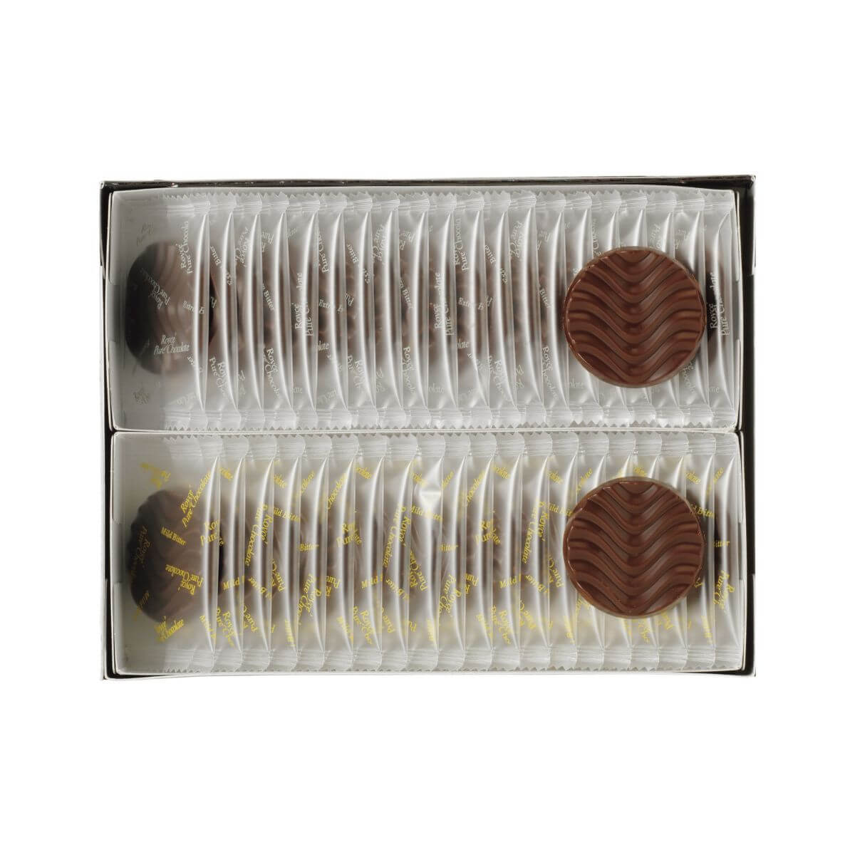 ROYCE' Chocolate - Pure Chocolate "Mild Bitter & Extra Bitter" - Image shows a box filled with individually-wrapped dark chocolates.
