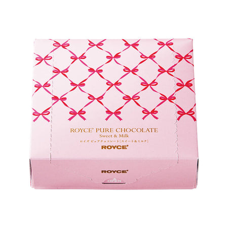 ROYCE' Chocolate - Pure Chocolate "Sweet & Milk" (Gift) - Image shows a pink box with ribbon prints and gold text saying ROYCE' Pure Chocolate Sweet & Milk ROYCE'.