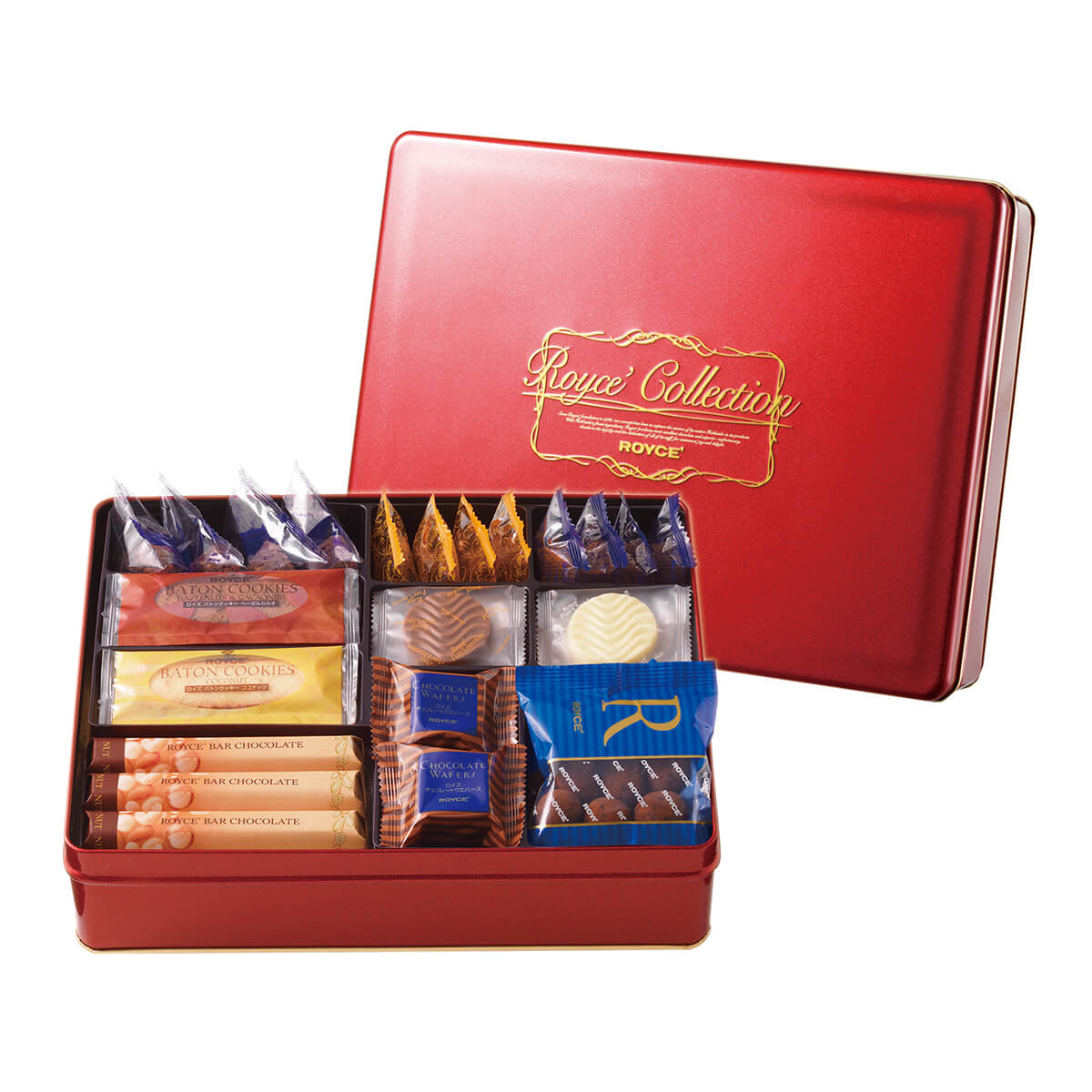 ROYCE' Chocolate - Image shows a box-shaped red can on the middle right with text saying ROYCE' Collection ROYCE'. Lower left part has open red box with different kinds of wrapped chocolates.