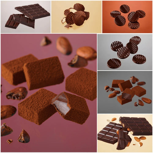 ROYCE’ Dark Chocolate Collection collage: dark chocolate bars, ridged chocolate discs, cocoa-dusted ganache squares, and almond-studded chocolate squares, showcasing Hokkaido's fine craftsmanship.