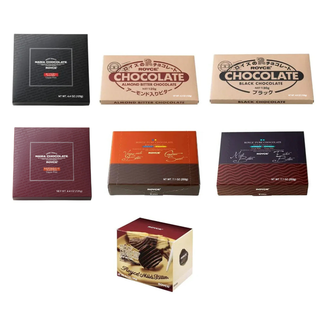 ROYCE’ Dark Chocolate Collection featuring Nama Chocolates, Almond Bitter, Black, Pure Chocolate, and Potatochip Chocolate, elegantly displayed in original packaging from Hokkaido, Japan.