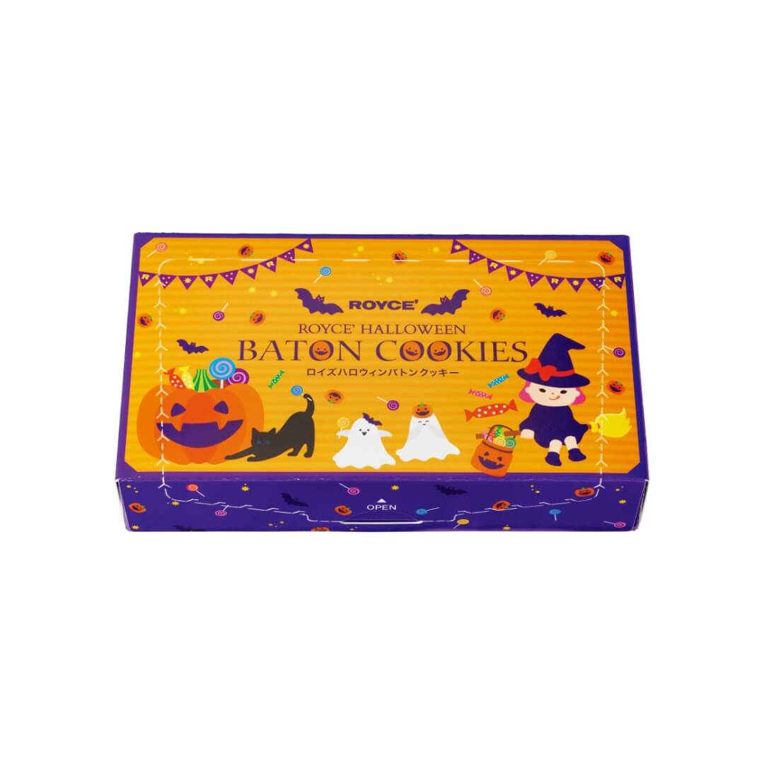 ROYCE' Halloween Baton Cookies box with festive Halloween-themed design, containing 25 individually-wrapped coconut cookies, chocolate-coated on one side, available exclusively in select US boutiques.