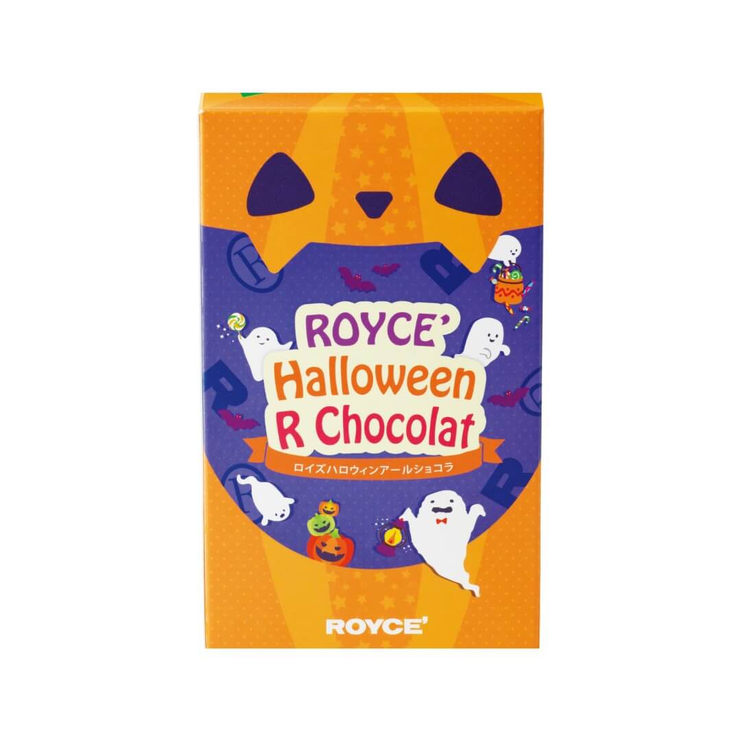 ROYCE' Halloween R Chocolat box with festive ghost, jack-o’-lantern, and bat designs, featuring assorted R-shaped chocolates filled with fruit cream and nut paste.