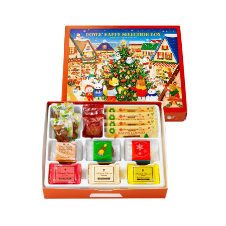 ROYCE' Chocolate - ROYCE' Happy Selection Box - Image shows a printed box on top right with illustrations of animals, houses, and a decorated tree. Text says ROYCE' Happy Selection Box. Also seen on lower left is an open box with individually-wrapped confections inside. Background is in white.